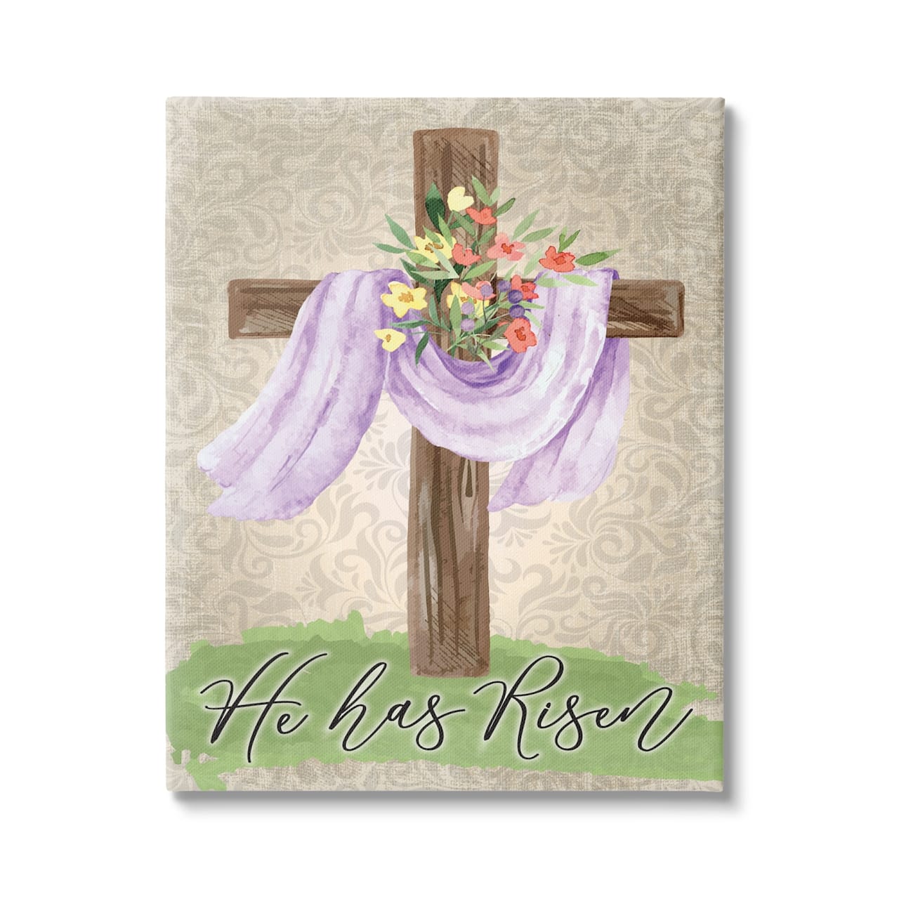 Stupell Industries He Has Risen Spring Floral Cross Brown Damask Pattern Canvas Wall Art